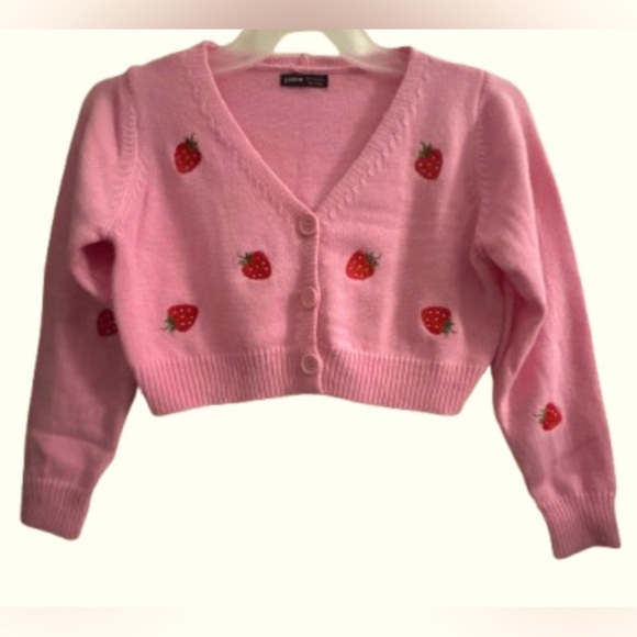 Size Small, Pink Cropped Strawberry Cardigan Sweater - Picture 2 of 7